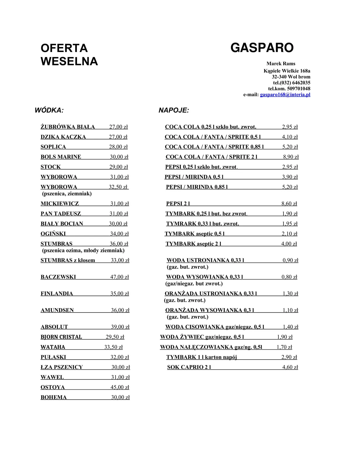 Oferta weselna Gasparo
